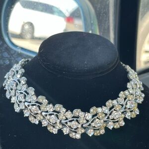 Elegant Silver and Gold Leaf Necklace accented with Sparkling Clear Stones